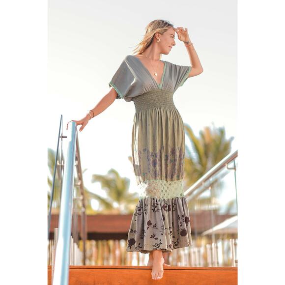 Floral Green Maxi Dress by T. ZOVICH Mixed Media Smocked Waist Crochet Trim - Picture 10 of 12